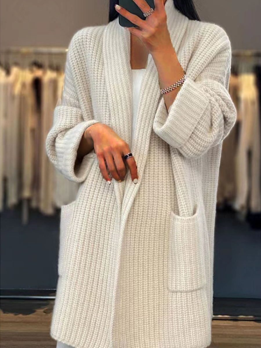 EB | Strickjacke - Einfarbige V-Ausschnitt Taschen Strickjacke, Einfach und Vielseitig