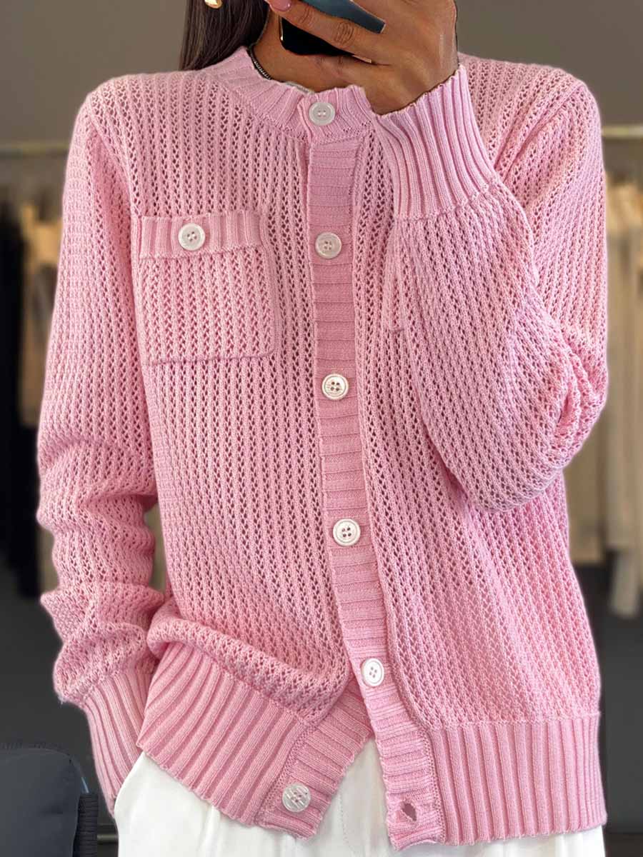 EB | Cardigan - Rundhals-Taschen-Hohlstrick-Cardigan