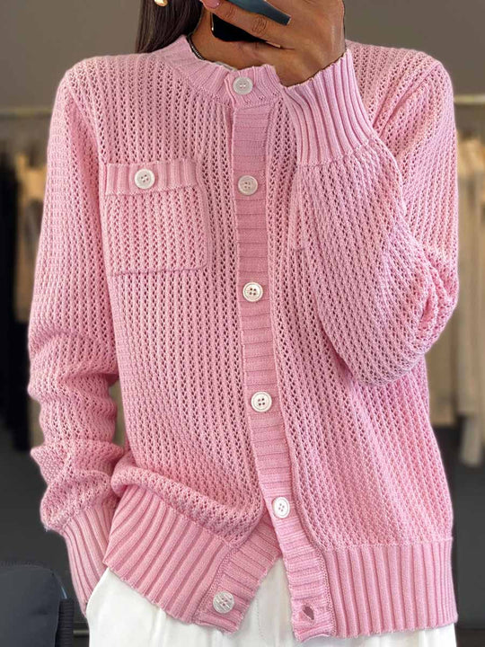 EB | Cardigan - Rundhals-Taschen-Hohlstrick-Cardigan