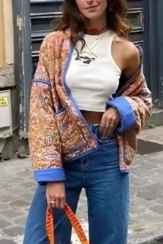 EB | Colorblock Große Tasche Stehkragen Steppjacke aus Baumwolle