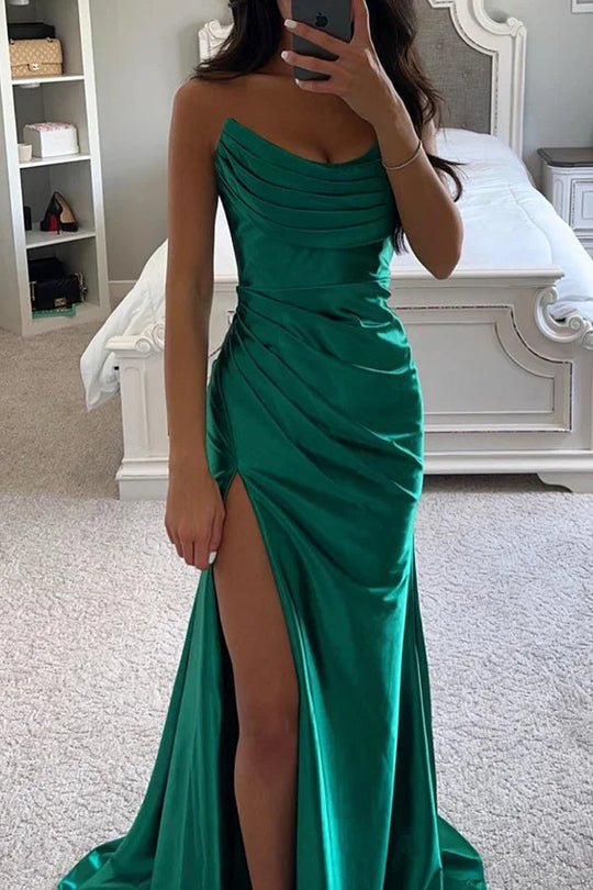 EB | Glänzendes Satin Off-Shoulder Falten Spalte Abend Maxi Kleid
