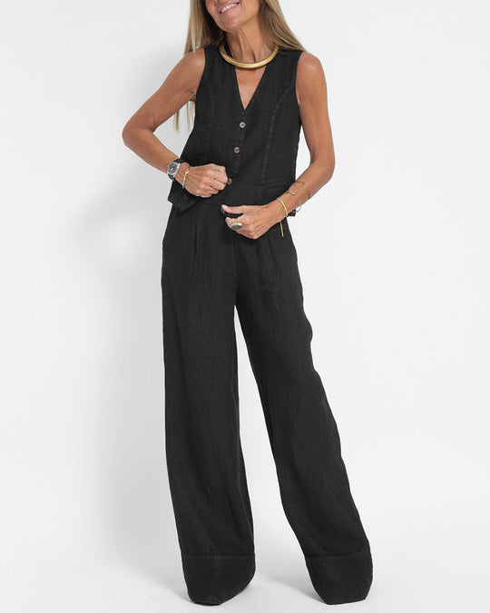 EB | Elegantes 2-Teiliges Set Leinen Weite Hose & Weste