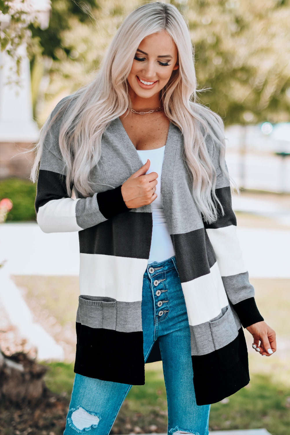 EB | Farbblock Offene Front Rippbündchen Cardigan mit Taschen