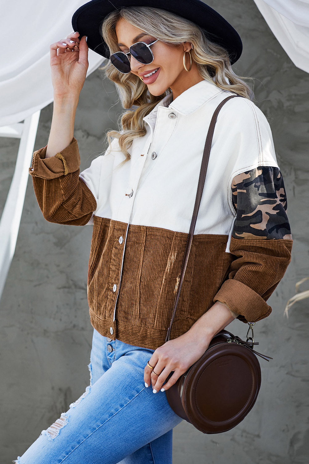 EB | Leopard Farbblock Knopfleiste Cord Baumwolljacke