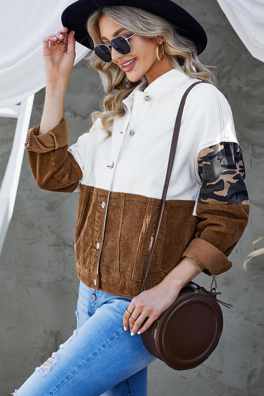 EB | Leopard Farbblock Knopfleiste Cord Baumwolljacke