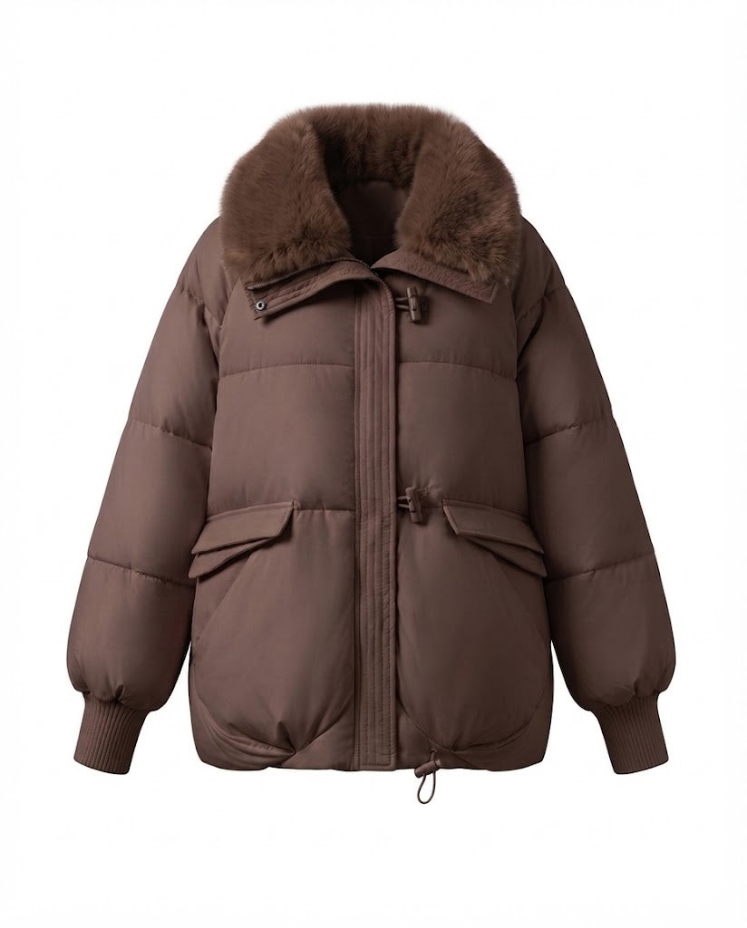 Damen nan moderner Oversize-Puffer mit voluminösem Teddykragen, verdecktem Zweiwege-Reißverschluss und regulierbarem Saum EB
