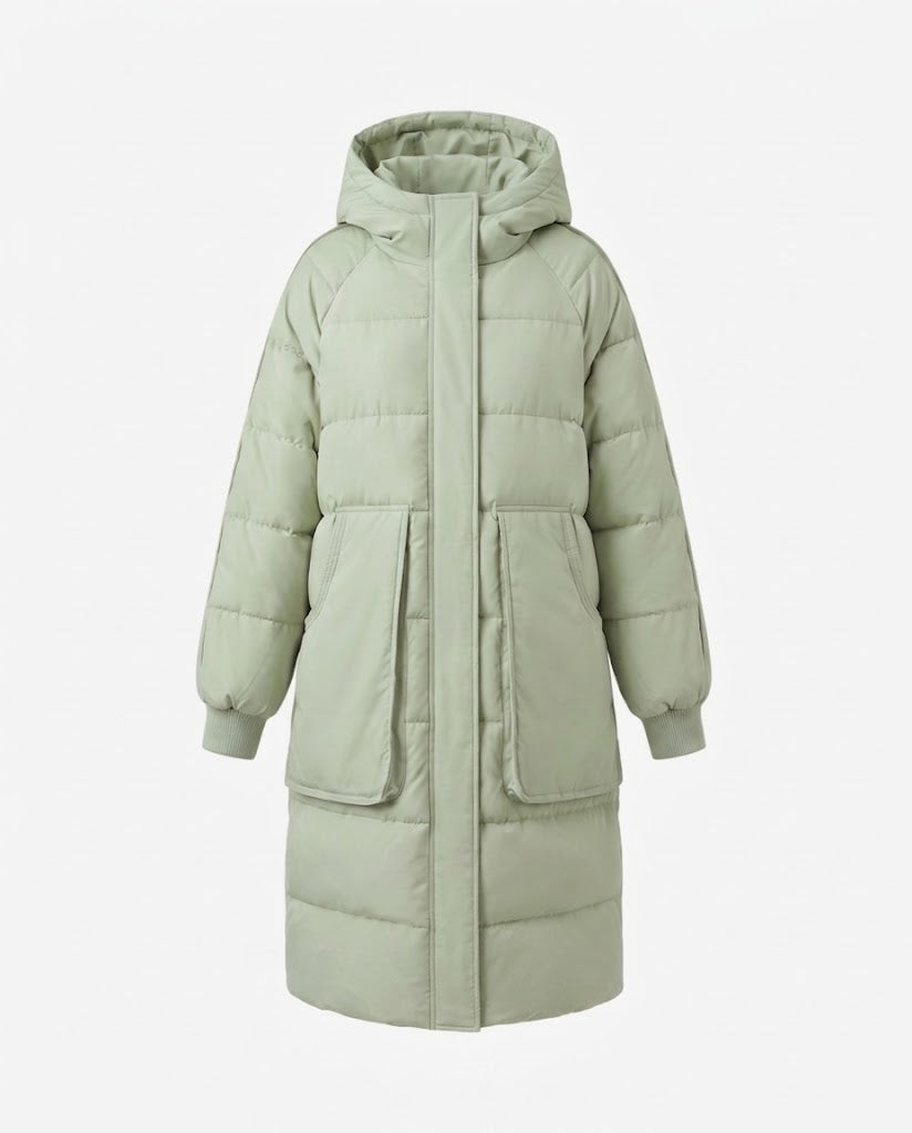 Damen nan langer wattierter Kapuzenmantel mit oversized Pattentaschen, elastischen Bündchen und verdecktem Zweiwege-Reißverschluss EB