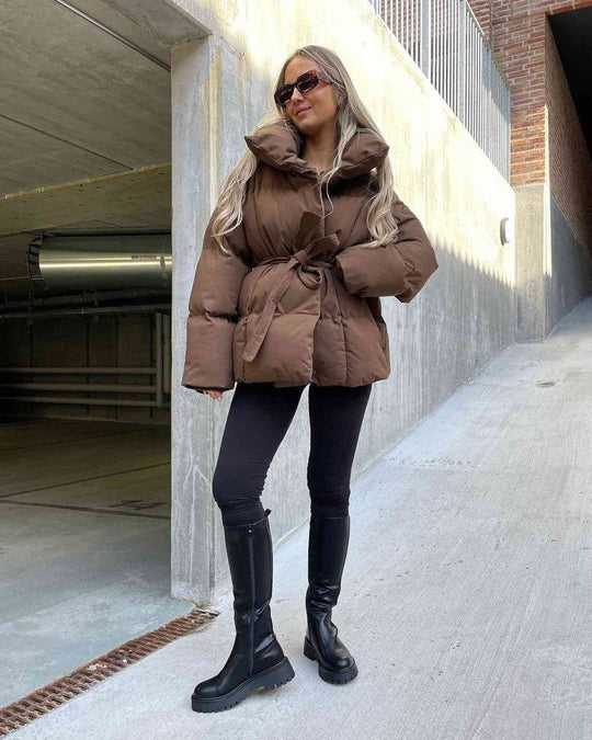 EB | jack mit Gürtel für Damen - warmer brauner Jacke mit oversized Kragen