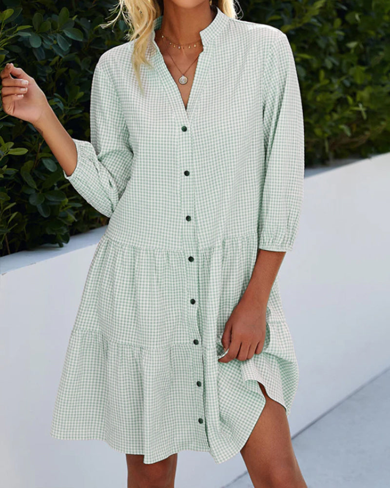 EB | Kariertes A-Linien-Kleid mit Knopfleiste für Damen Ähnelt Einem Hemdblusenkleid