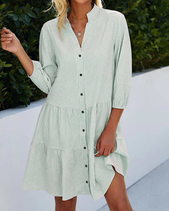 EB | Kariertes A-Linien-Kleid mit Knopfleiste für Damen Ähnelt Einem Hemdblusenkleid
