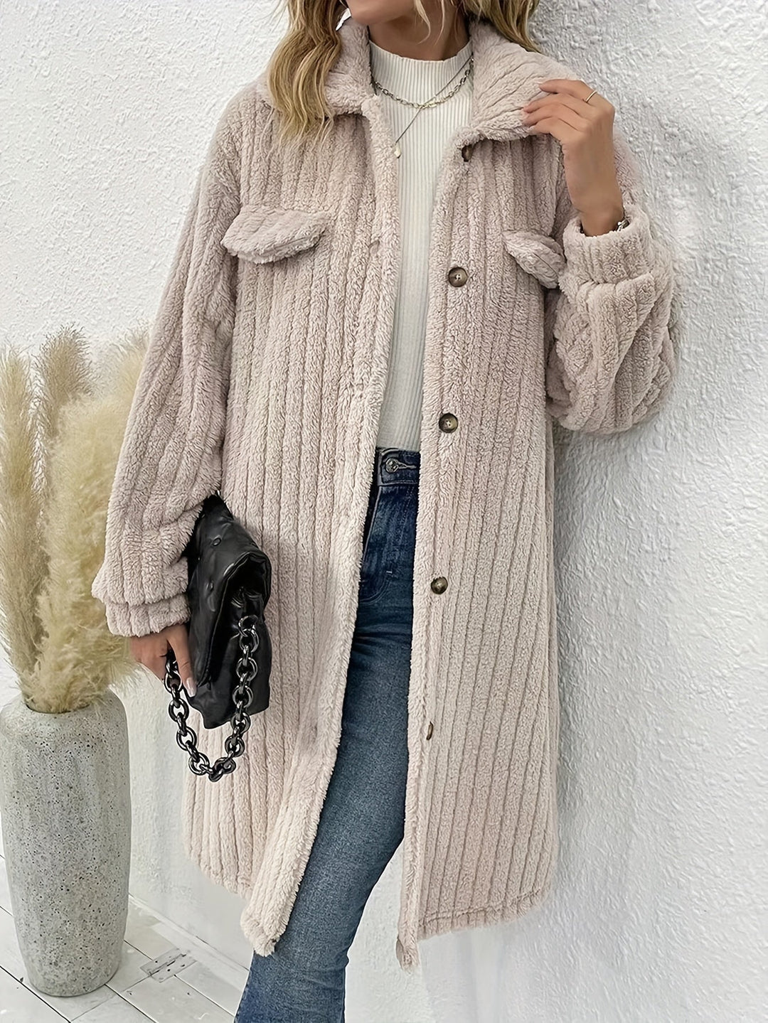 EB | Lange, Weiche Samtjacke mit Knöpfen Polyester Warm und Bequem