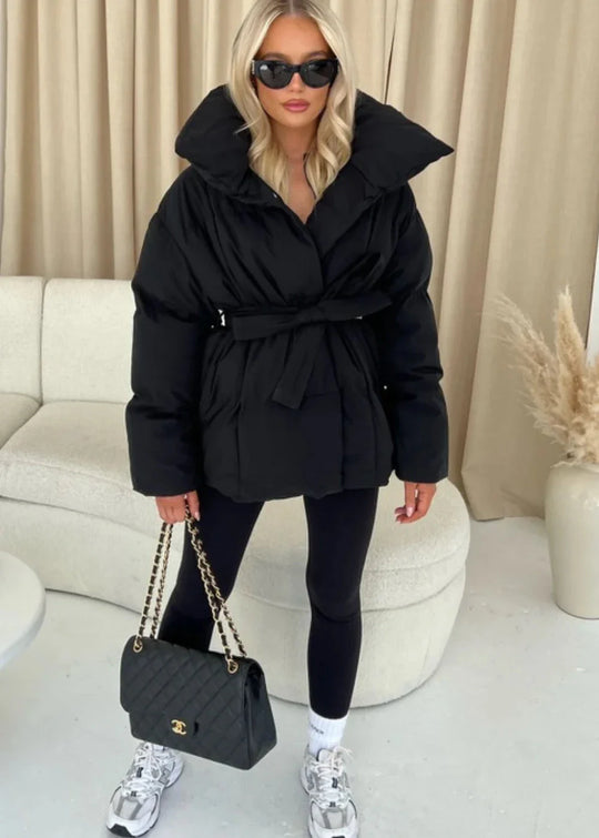 EB | jack mit Gürtel für Damen - warmer brauner Jacke mit oversized Kragen