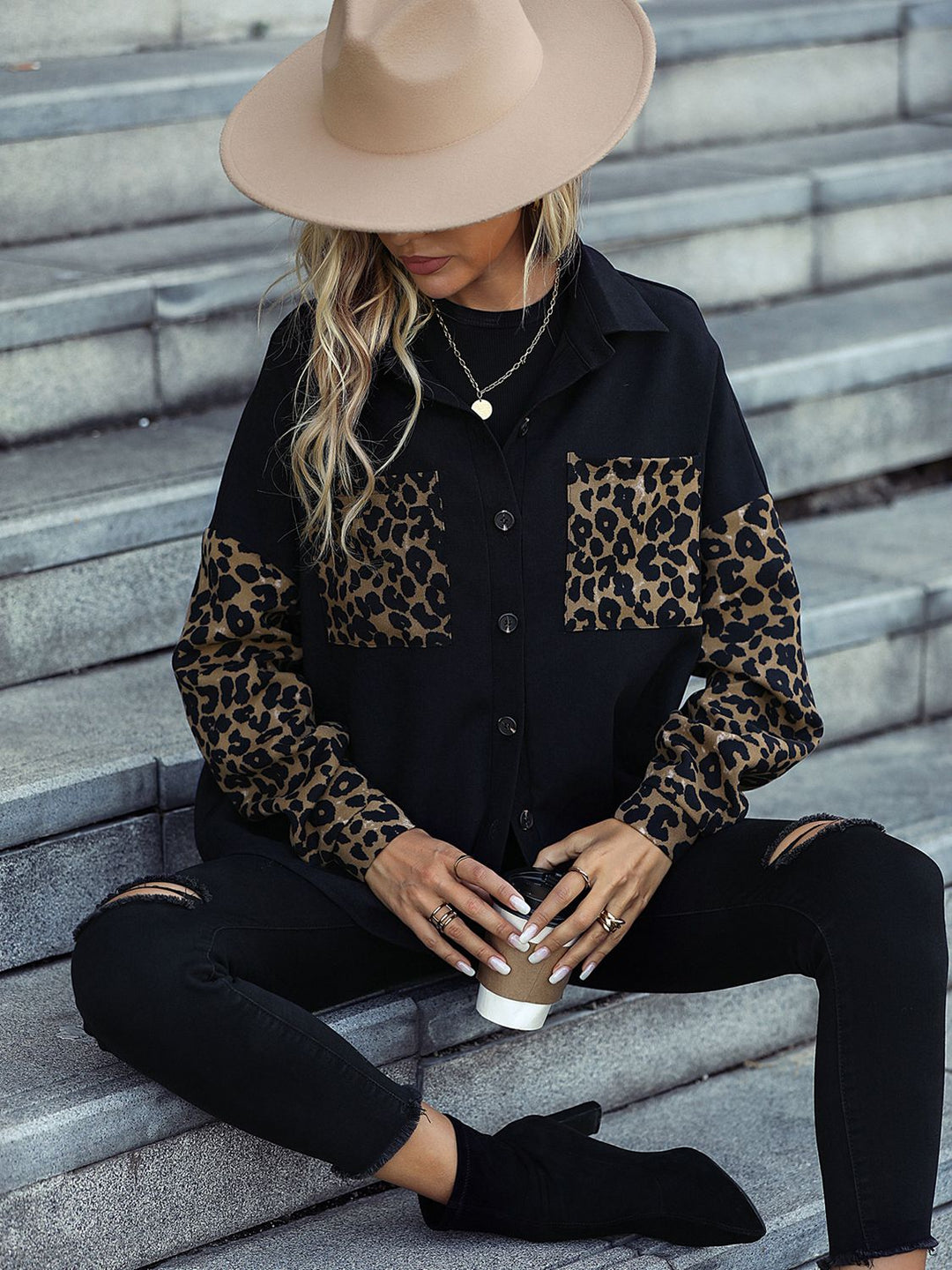 EB | Leopard Print Knopf-abgesetzte Schulterjacke