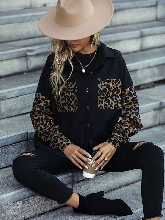 EB | Leopard Print Knopf-abgesetzte Schulterjacke