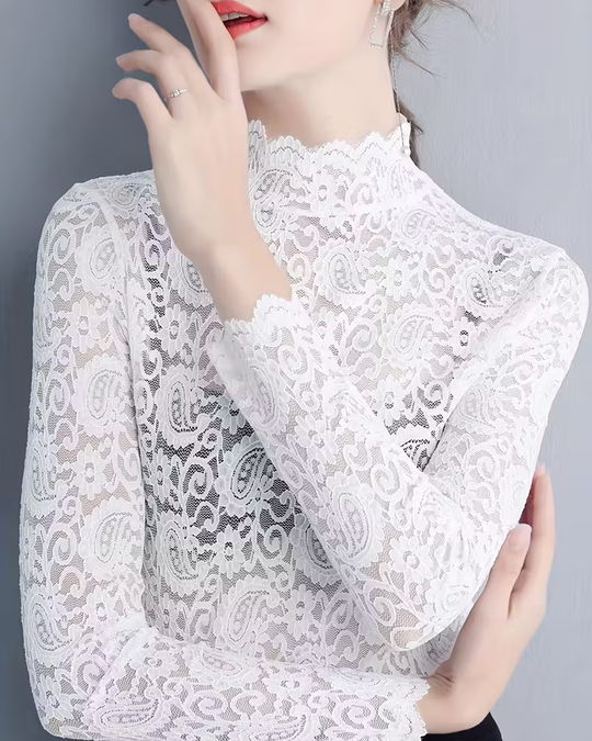 EB | Elegant Unifarben Halbausschnitt Langarm Spitze