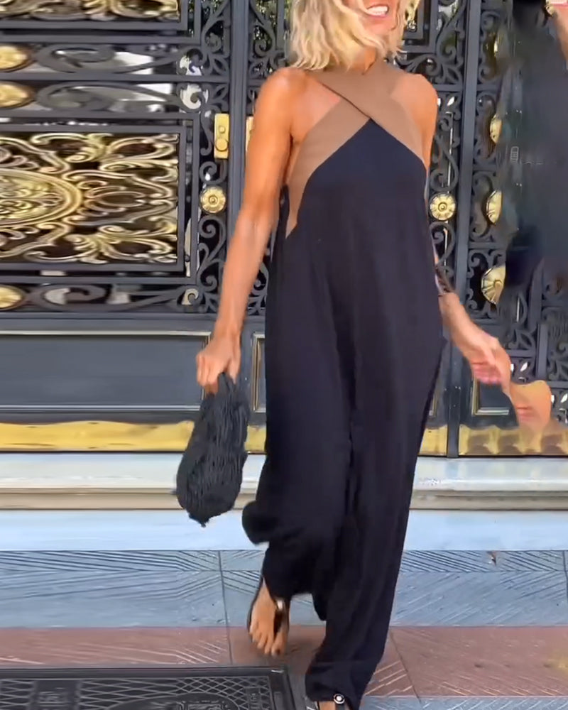 EB | Kreuzförmig Rückenfreies Elegantes Kleid mit Kontrastfarbe