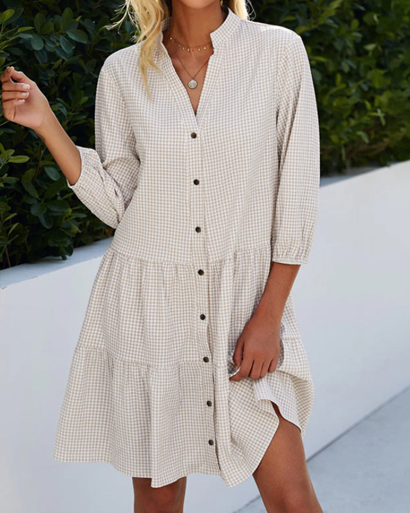 EB | Kariertes A-Linien-Kleid mit Knopfleiste für Damen Ähnelt Einem Hemdblusenkleid