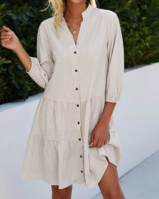 EB | Kariertes A-Linien-Kleid mit Knopfleiste für Damen Ähnelt Einem Hemdblusenkleid
