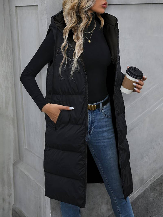 EB | Damen Lange Weste Mit Kapuze Und Reißverschluss