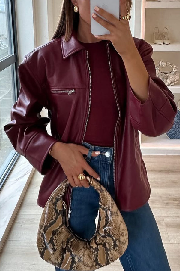 EB | Revers Langarm Pocket Reißverschluss Lederjacke