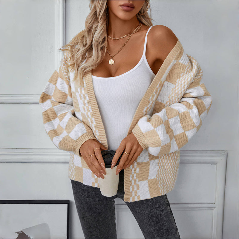 EB | Cardigan - Damen Herbst Casual Karierter Gestrickter Cardigan