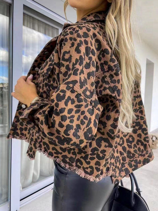 EB | Raw Hem Leopardenkragen Denimjacke
