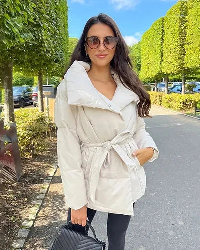 EB | jack mit Gürtel für Damen - warmer brauner Jacke mit oversized Kragen