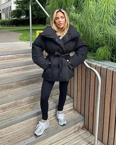 EB | jack mit Gürtel für Damen - warmer brauner Jacke mit oversized Kragen