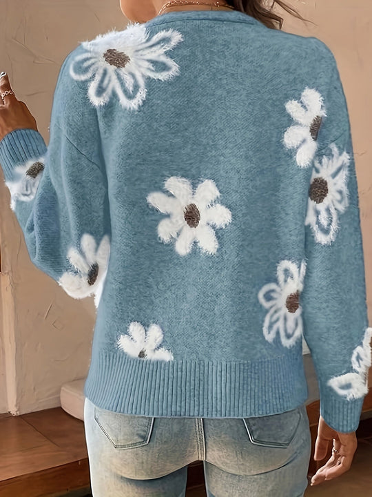 EB | Weiche Strickjacke mit Blumenmuster Acryl Wärme und Stil