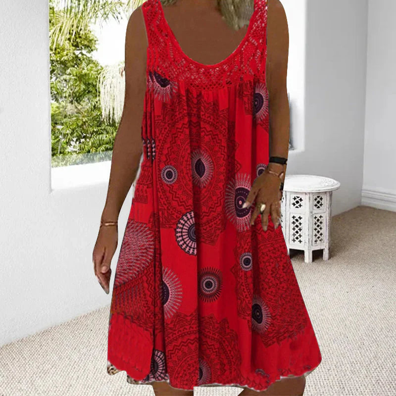EB | Ärmelloses Kleid mit Lebendigem Boho-Print