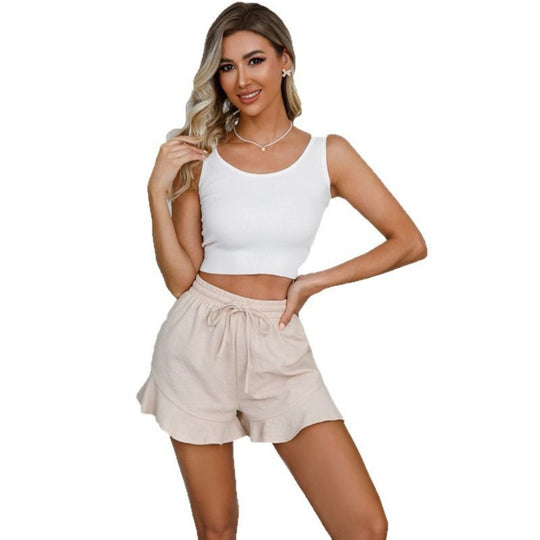 EB | Shorts aus Baumwolle und Leinen mit Rüschenbesatz und Kordelzug für Damen