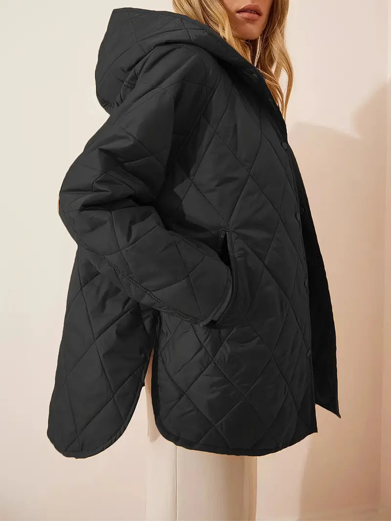 EB | Puffer schwarze und beige Winterjacke für Damen - warm und oversized