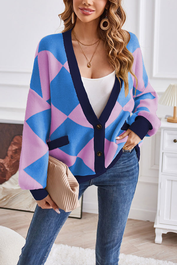 EB | Hals geometrisches Patchwork kontrastierender Strickcardigan lässige lockere Jacke