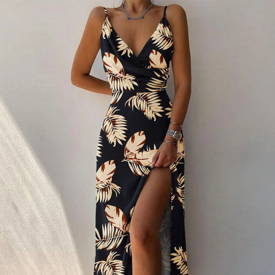 EB | Kleid mit Hosenträgern und V-Ausschnitt mit geteiltem Print
