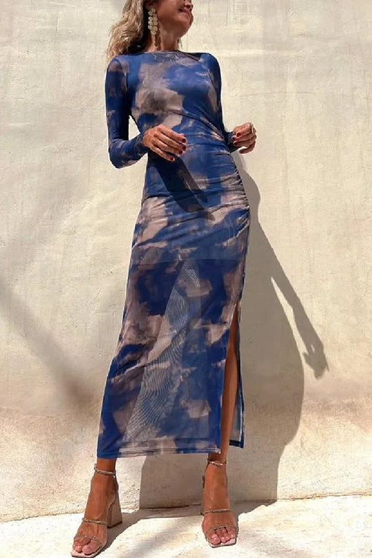 EB | Charm Lady Mesh Overlay Tie Dye Print Langarm Rüsch Stretch Midi Kleid