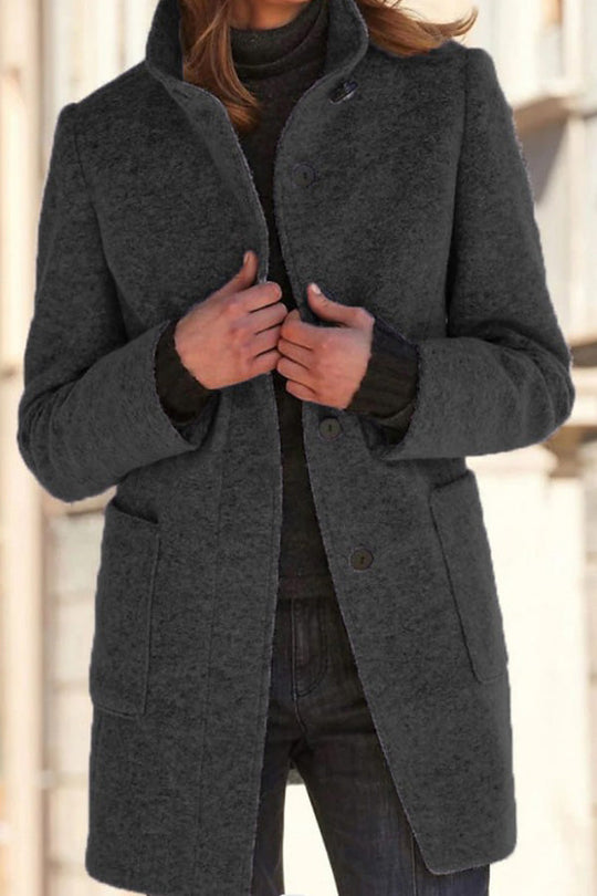 EB | Unifarbene Knopf Stehkragen Wolljacke