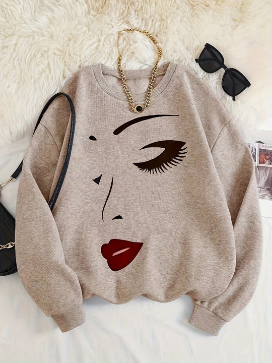 EB | Sweatshirt mit Gesichtsdruck Baumwolle Künstlerisch und Bequem
