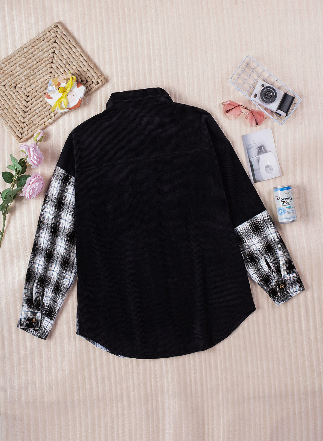 EB | Karierte Farbblock Gefallen Schulter Corduroy Shacket