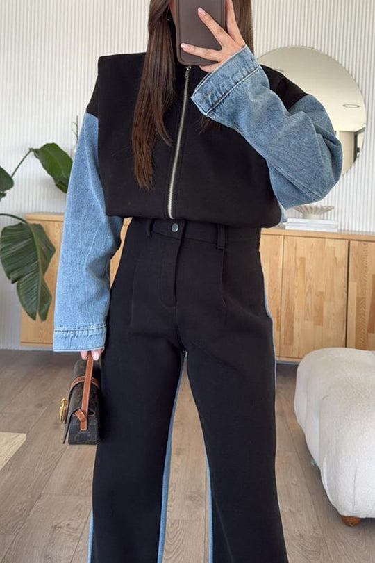 EB | Lässige Denim-Patchwork-Sweatshirtjacke mit Reißverschluss