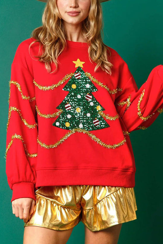 EB | Weihnachtsbaum Pailletten Langarm Lockeres Sweatshirt