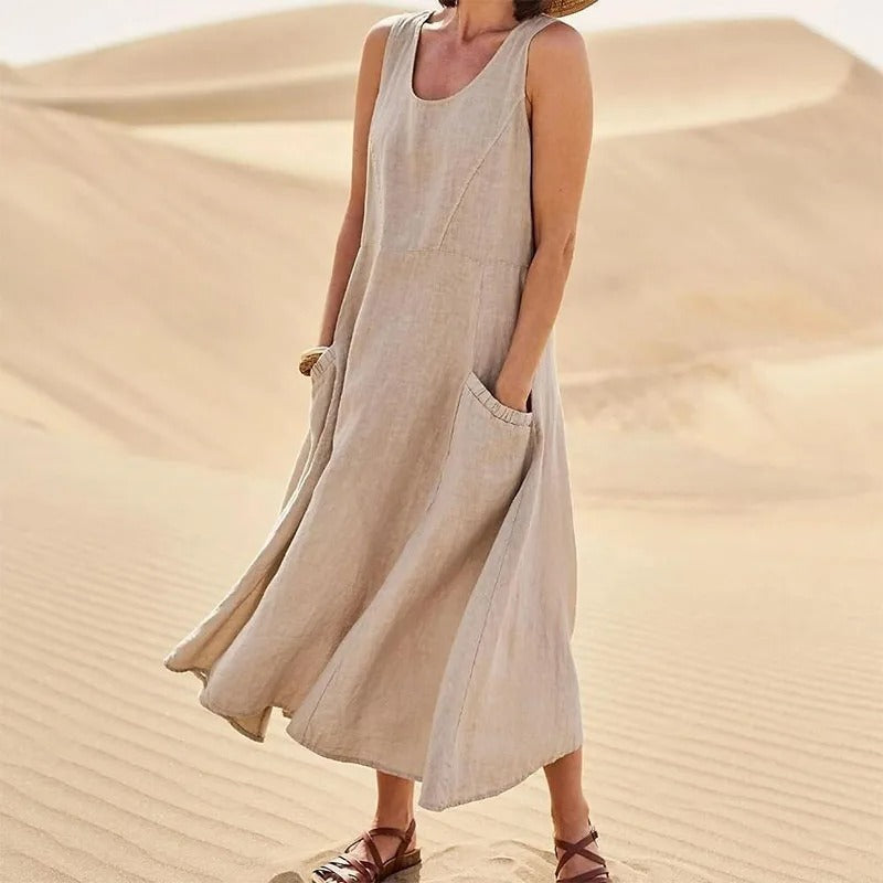 EB - Leinen-Baumwoll-Ärmelloses Kleid für Frauen