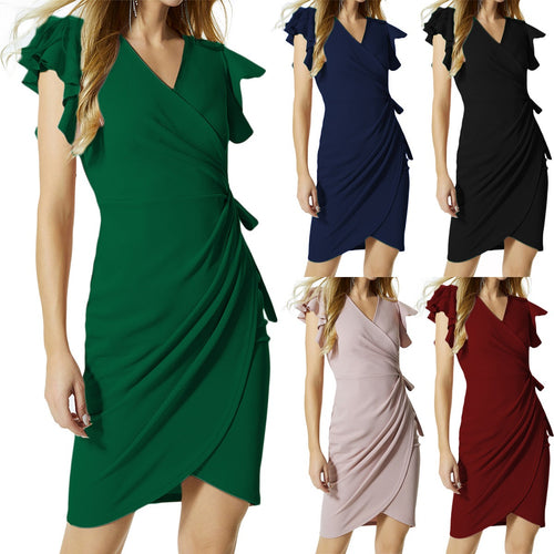 EB | Kleid mit V-Ausschnitt und plissierten Hornärmeln an der Hüfte