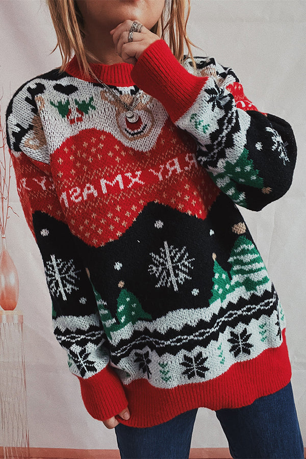EB | Weihnachtsmuster Gestrickter Rundhalsausschnitt Langarmpullover