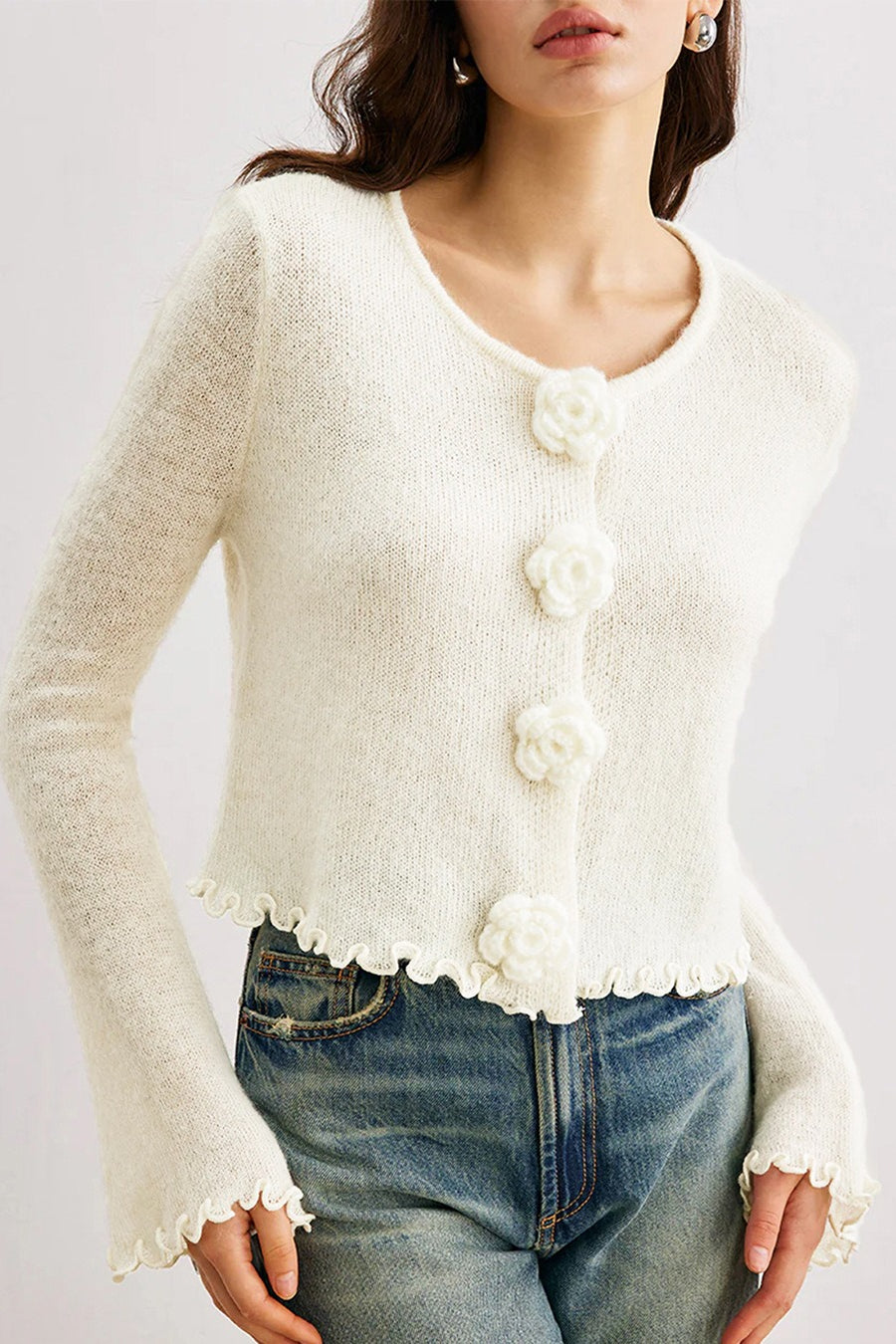 EB | Schmaler, Floral Strickcardigan mit Rüschen