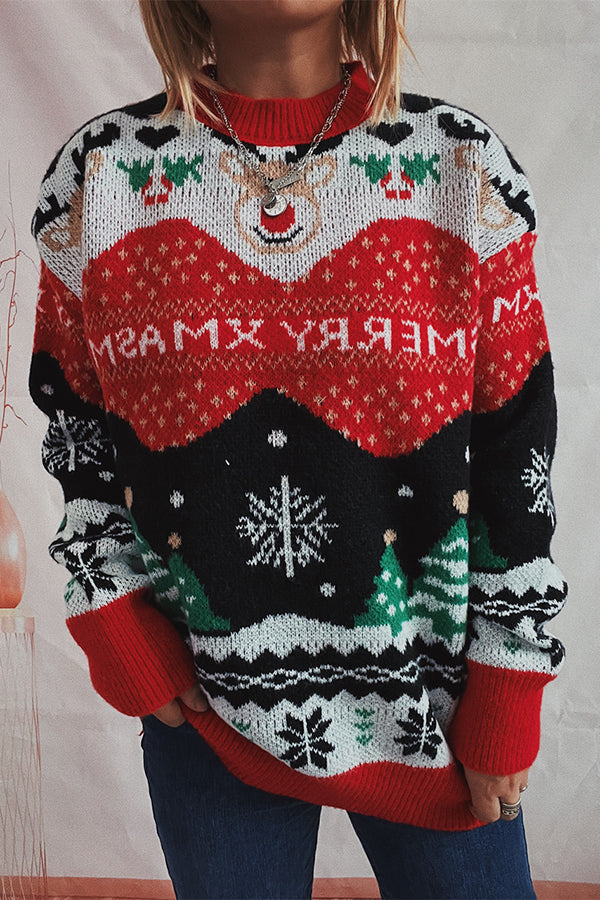 EB | Weihnachtsmuster Gestrickter Rundhalsausschnitt Langarmpullover