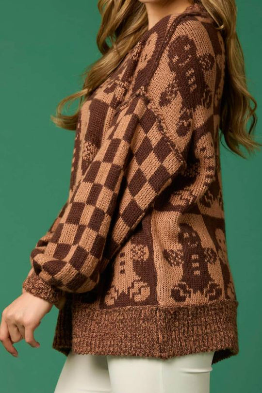 EB | Weihnachtslebkuchenmann Rundhalsausschnitt Langarm Lockere Strickpullover