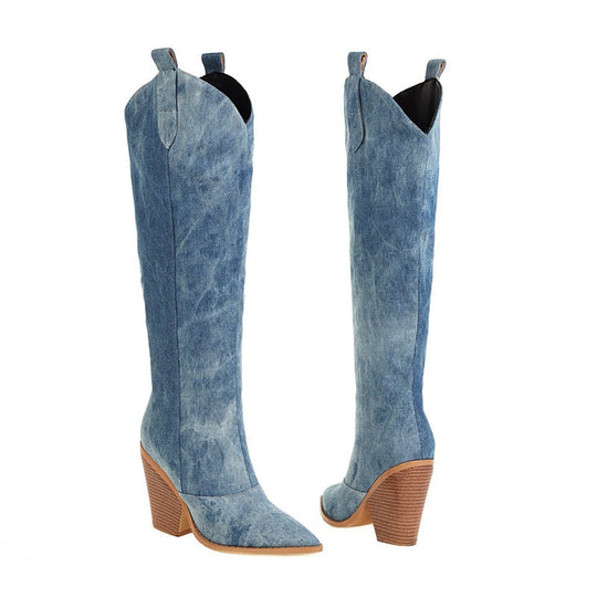 EB | Nischen Schlitz Spitze Zehe Ultra Hohe Absatz Hohe Röhre Denim Stiefel