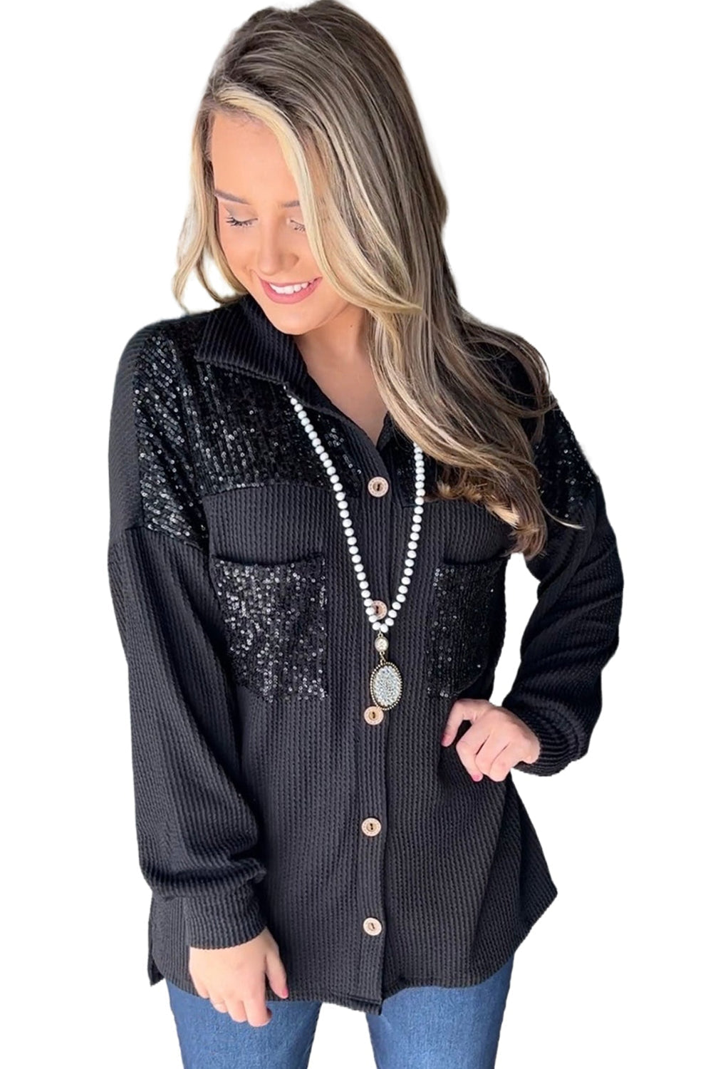 EB | Gerippte Blusenjacke mit Pailletten-details Polyester-mischung Festlich und Trendy