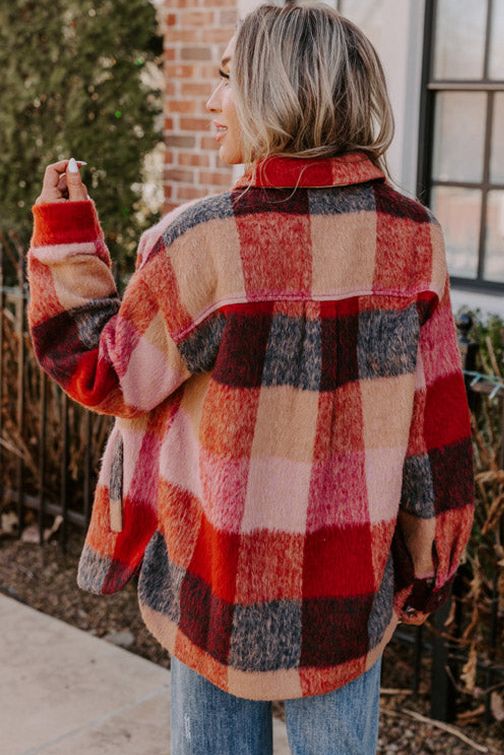 EB | Geräumige Karierte Orange Freizeitjacke mit Pattentaschen und Knöpfen