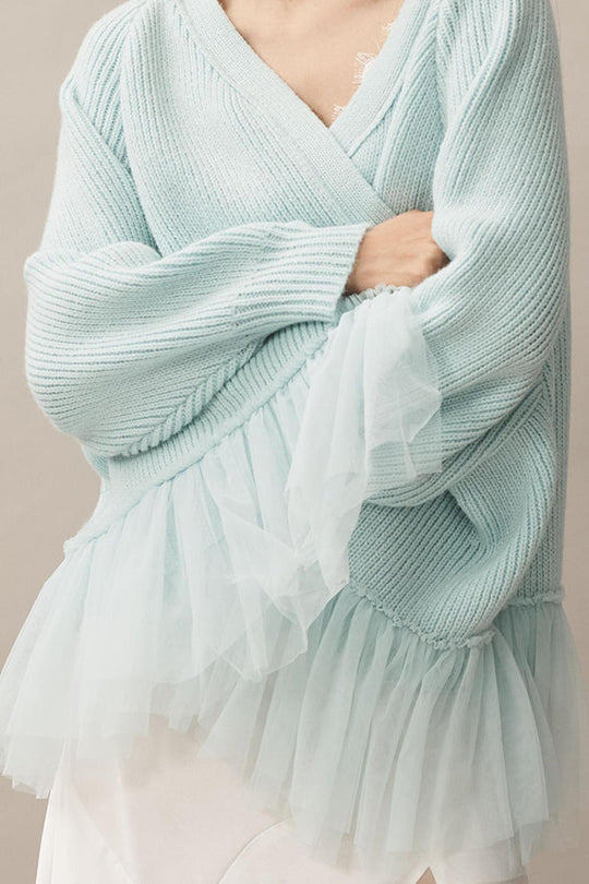 EB | Strickjacke mit Netz-Rüsche und Langen Ärmeln